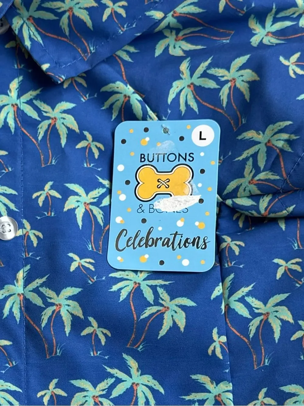 Buttons & Bones Blue Button Up & Velcro Tropical Print Dog Shirt Size L NWT